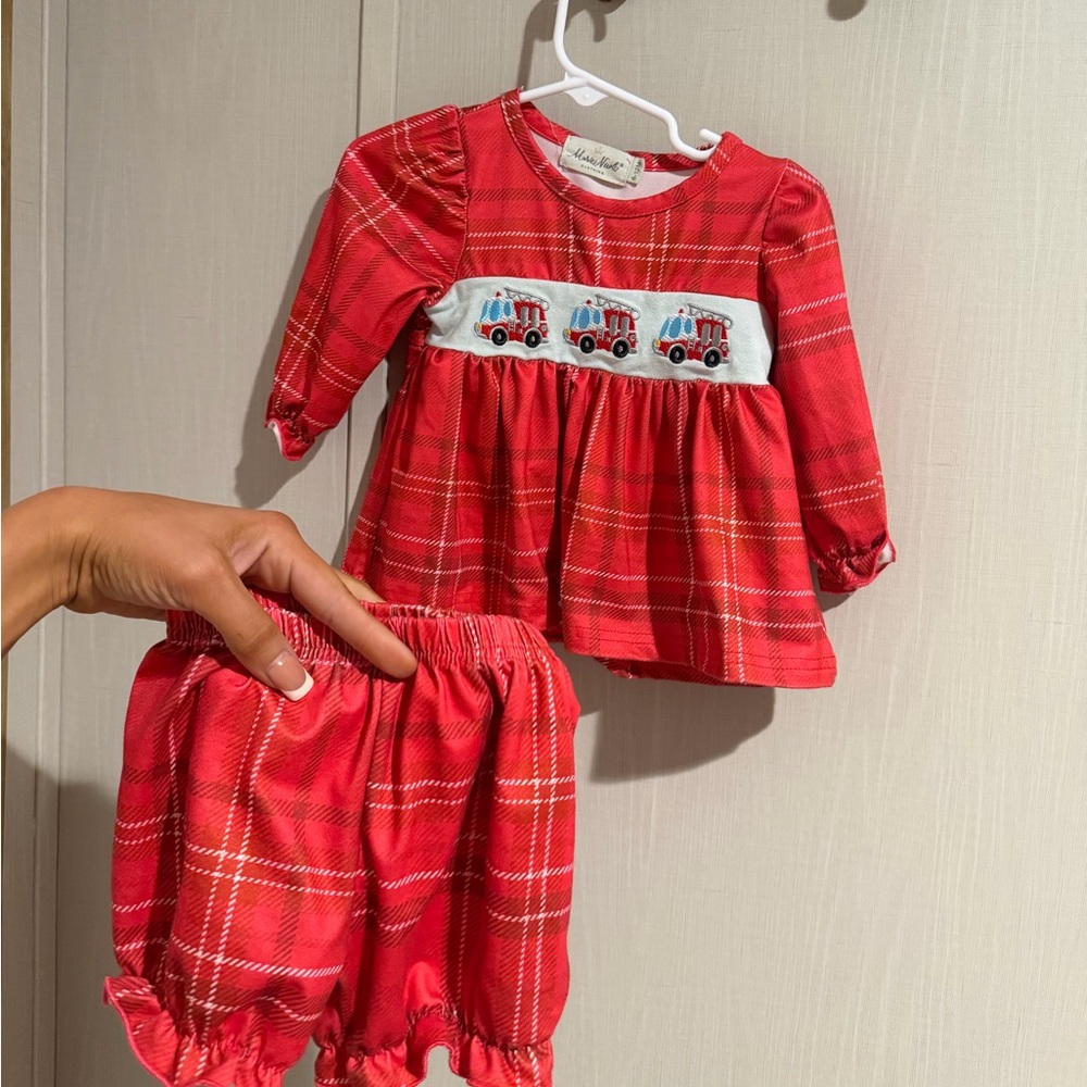 Kids Red Plaid Set with Fire Truck Design
